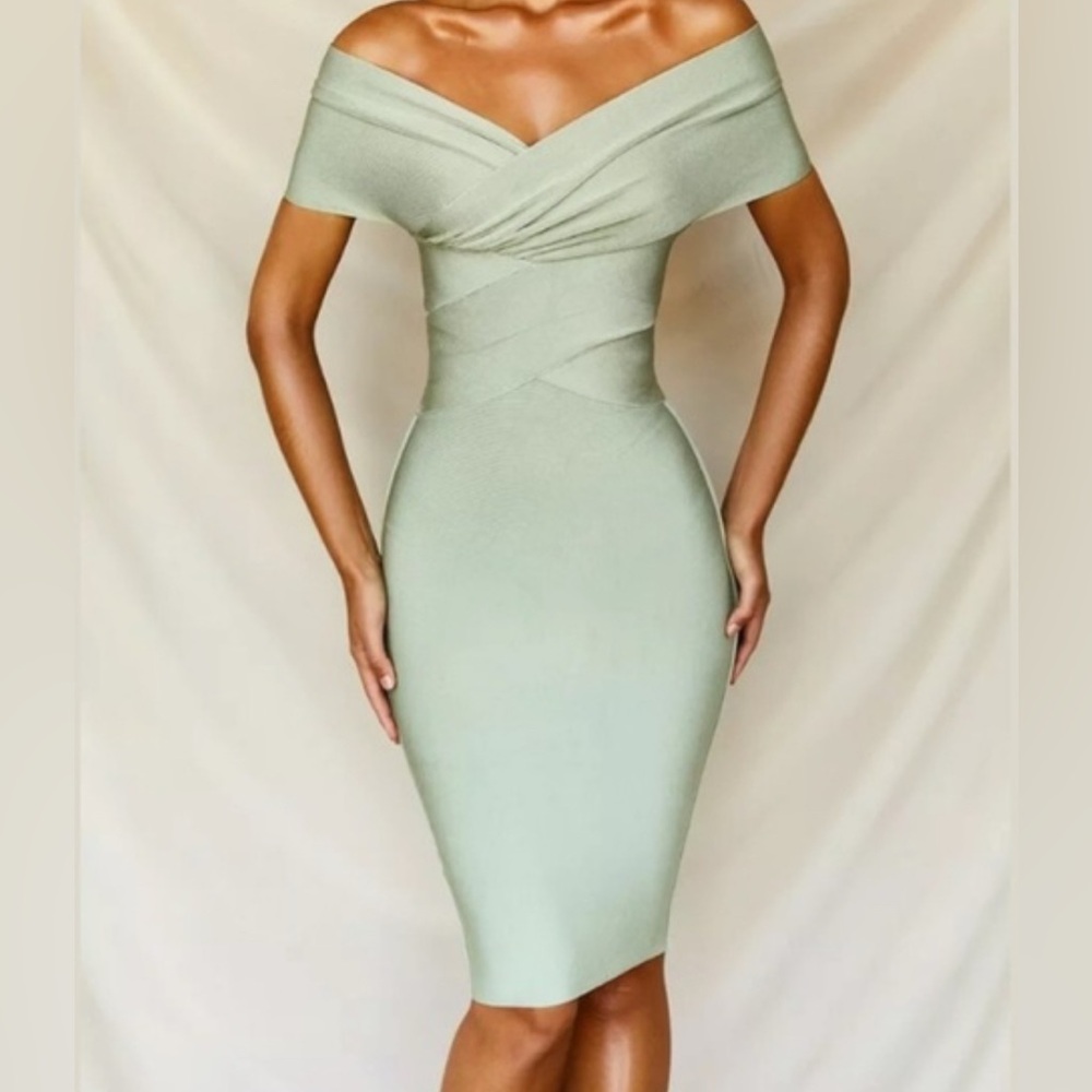House of CB | Clarissa Pistachio Off the Shoulder - Bandage Dress